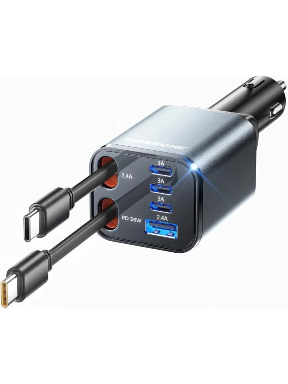 Ultra-Compact 6-Port Retractable USB C Car Charger for Fast Charging on the Go